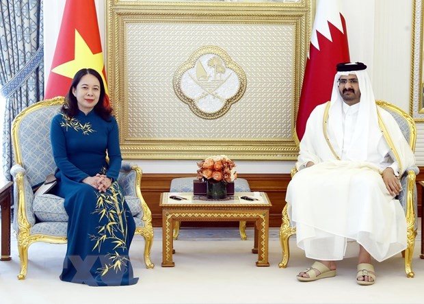 Phó Chủ tịch nước Võ Thị Ánh Xuân và Phó Quốc vương Qatar H.H. Sheikh Abdullah Bin Hamad Al Thani tại buổi hội đàm. (Ảnh: Lâm Khánh/TTXVN)
