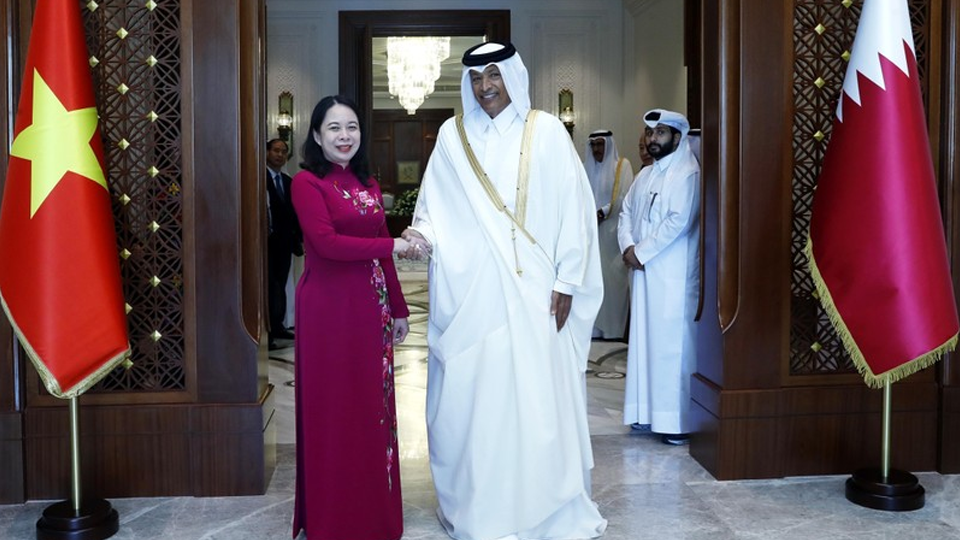 Phó Chủ tịch nước Võ Thị Ánh Xuân với Chủ tịch Quốc hội Qatar Hassan bin Abdullah Al-Ghanim. (Ảnh: TTXVN)
