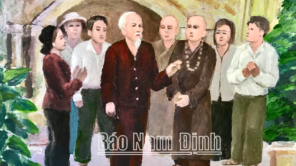 Tác phẩm “Bác Hồ về thăm xã Yên Tiến” của họa sĩ Vũ Minh.