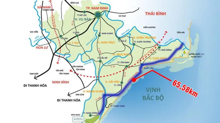 Bản đồ toàn tuyến đường bộ ven biển đi qua tỉnh Nam Định.


