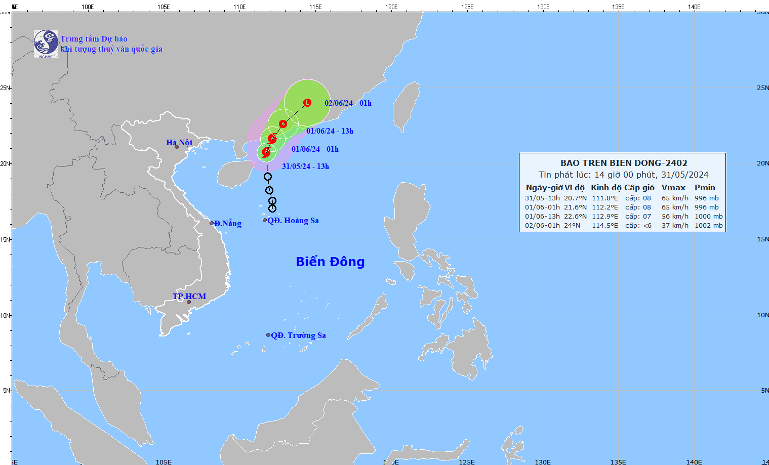 Vị trí tâm bão lúc 13h ngày 31/5. Ảnh: nchmf.gov.vn