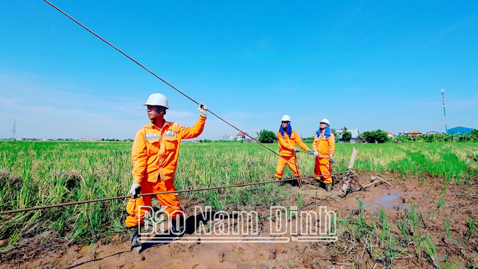 Các thành viên Tổ xung kích Công ty Điện lực Nam Định tham gia hỗ trợ thi công Cột 30 địa bàn xã Trực Hùng (Trực Ninh)