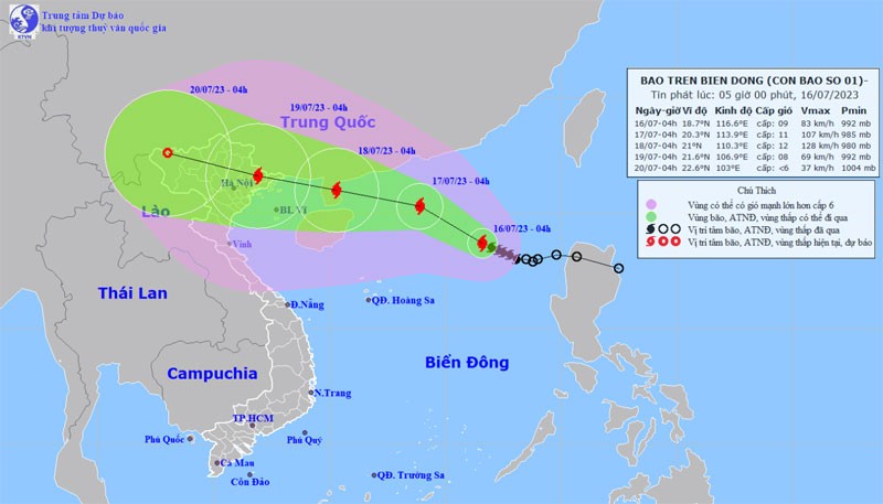 Vị trí và hướng di chuyển của bão số 1. (Nguồn: nchmf.gov.vn)
