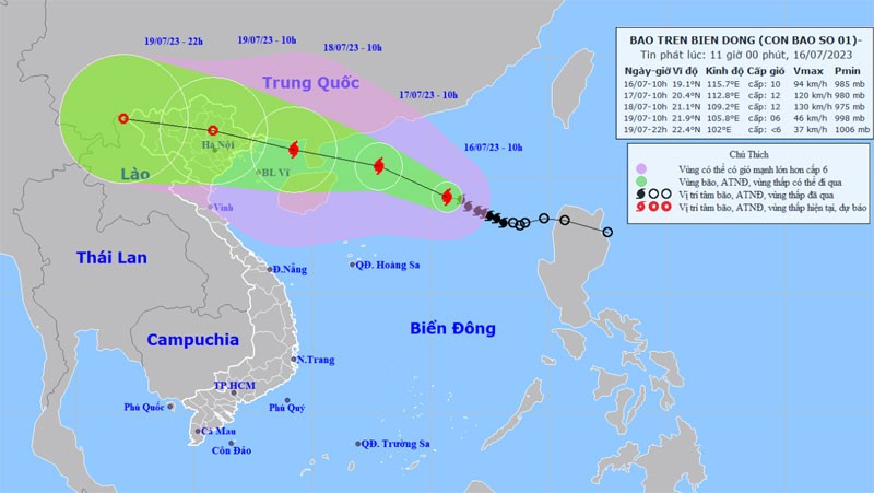 Vị trí và hướng di chuyển của bão số 1. (Nguồn: nchmf.gov.vn)
