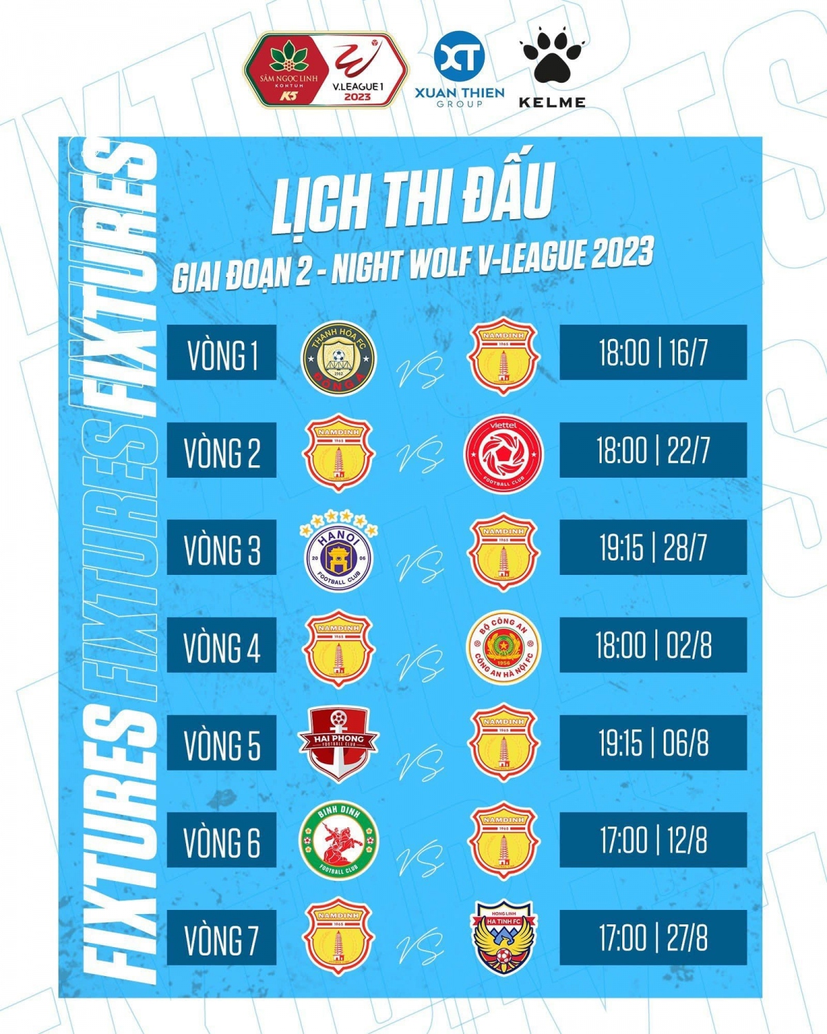 Lịch thi đấu của Nam Định tại giai đoạn 2 V-League 2023 (Ảnh: CLB Nam Định)