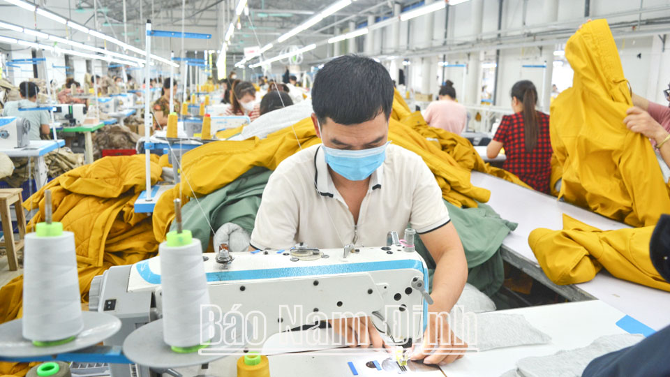 Sản xuất hàng may mặc xuất khẩu tại xưởng may Nam Giang ở xóm Ninh Giang, xã Hải Giang.DT