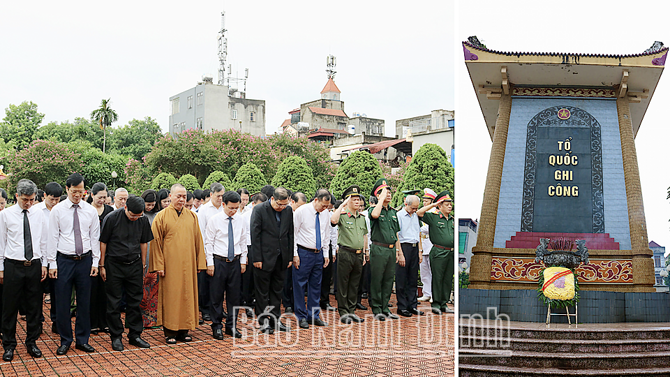 Các đồng chí lãnh đạo tỉnh và thành phố Nam Định dâng hương, đặt vòng hoa tưởng nhớ công lao các Anh hùng Liệt sĩ tại Nghĩa trang Liệt sĩ thành phố Nam Định. 
