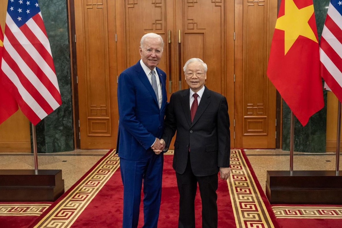 Tổng Bí thư Nguyễn Phú Trọng tiếp đón Tổng thống Mỹ Joe Biden sang thăm cấp Nhà nước tới Việt Nam năm 2023.