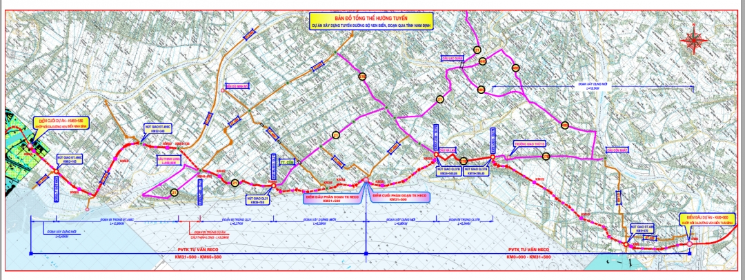 Bản đồ tổng thể hướng tuyến dự án xây dựng tuyến đường bộ ven biển, đoạn qua tỉnh Nam Định. Ảnh: BQL dự án tuyến đường bộ ven biển, đoạn qua tỉnh Nam Định cung cấp.