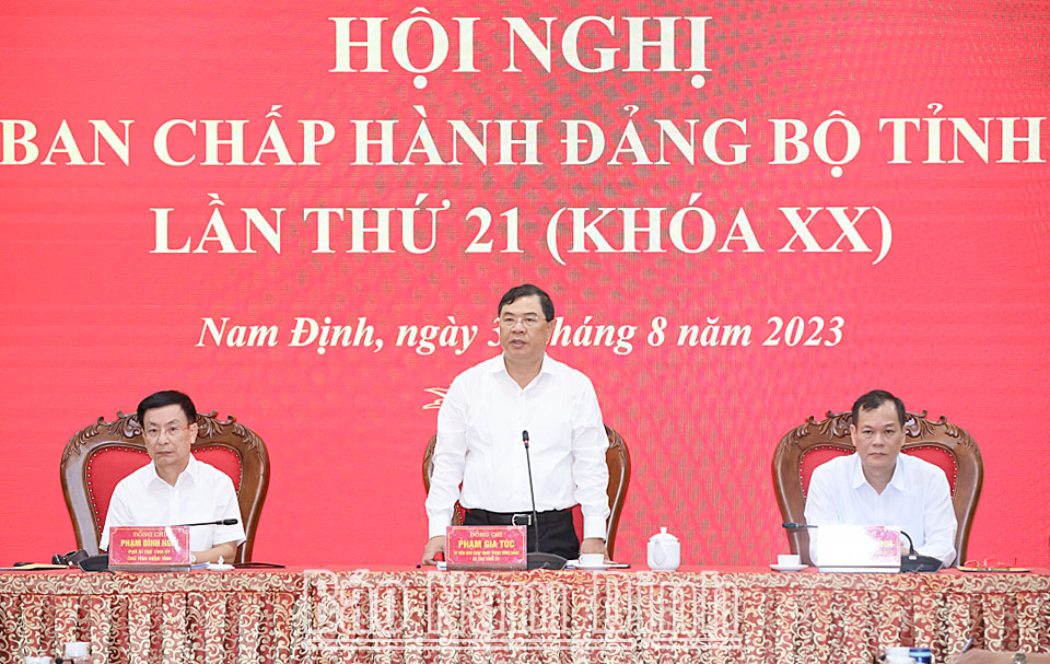 Đồng chí Phạm Gia Túc, Ủy viên BCH Trung ương Đảng, Bí thư Tỉnh ủy phát biểu khai mạc hội nghị. 