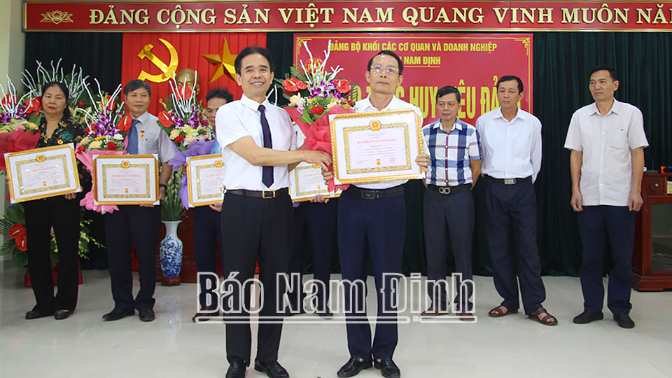 Đồng chí Vũ Hữu Thi, TUV, Bí thư Đảng ủy Khối các Cơ quan và Doanh nghiệp tỉnh trao tặng Huy hiệu Đảng cho các đảng viên. 