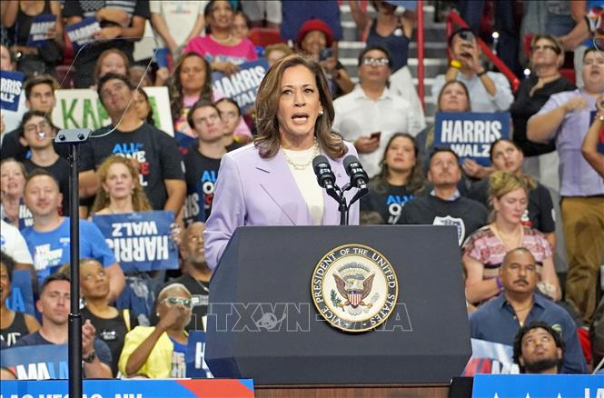 Phó Tổng thống Mỹ Kamala Harris phát biểu tại chiến dịch vận động tranh cử ở Las Vegas, Nevada, Mỹ, ngày 10/8/2024. Ảnh: Kyodo/TTXVN
