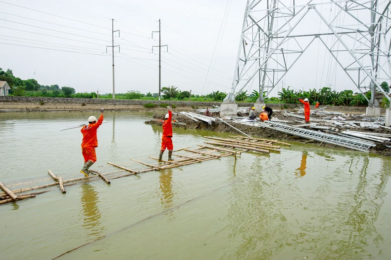 Thi công Đường dây 500kV mạch 3 với tinh thần vượt nắng, thắng mưa, không thua gió bão.(