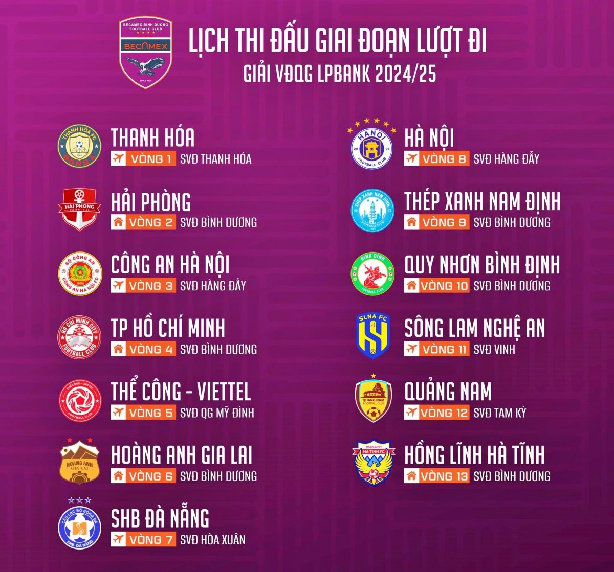 Lịch thi đấu V-League 2024/2025 của Bình Dương, HLV Hoàng Anh Tuấn sẽ gặp những đội bóng khó chịu là Thanh Hóa, Hải Phòng hay CAHN ngay những vòng đầu tiên.