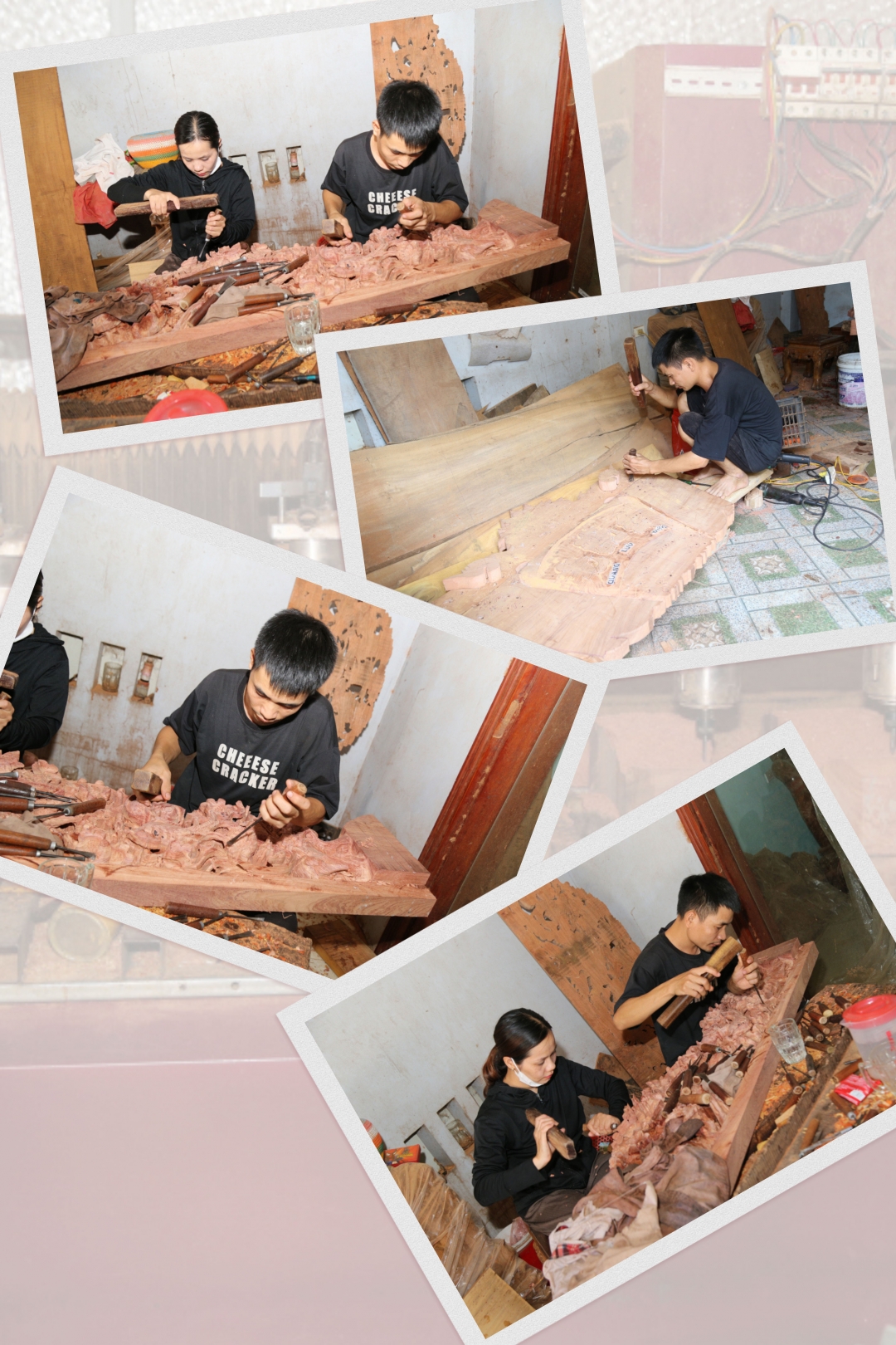 Vợ chồng anh Phạm Văn An hoàn thiện sản phẩm trang trí bàn thờ.