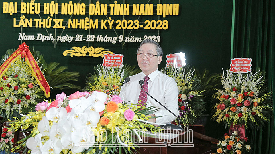 Đồng chí Lương Quốc Đoàn, Ủy viên Trung ương Đảng, Chủ tịch Trung ương Hội Nông dân Việt Nam phát biểu tại Đại hội.