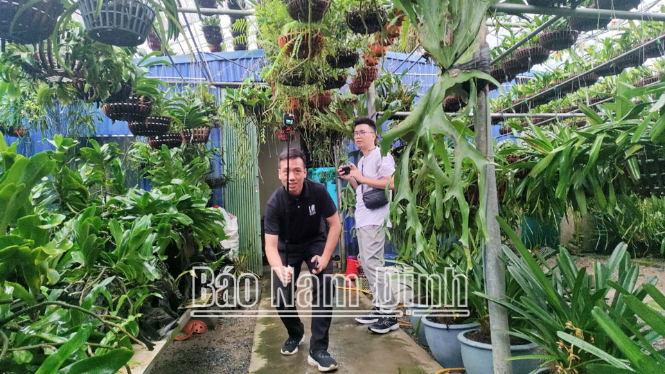 Nhân viên kỹ thuật Công ty TNHH IOTLink (Hà Nội) thu thập hình ảnh 4D nhà vườn hoa cây cảnh Vị Khê, xã Điền Xá.