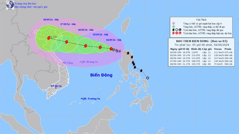 Vị trí và hướng di chuyển của bão số 3. (Nguồn: nchmf.gov.vn)
