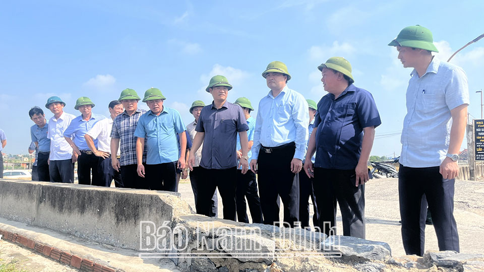 Đồng chí Trần Anh Dũng, Ủy viên Ban TVTU, Phó Chủ tịch Thường trực UBND tỉnh kiểm tra kè Hải Đông (Hải Hậu). 