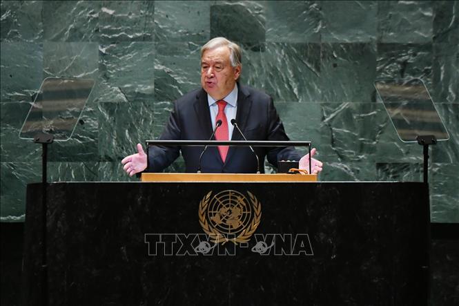 Tổng thư ký LHQ Antonio Guterres phát biểu trước Đại hội đồng LHQ ở New York, Mỹ ngày 24/9/2024. Ảnh: THX/TTXVN
