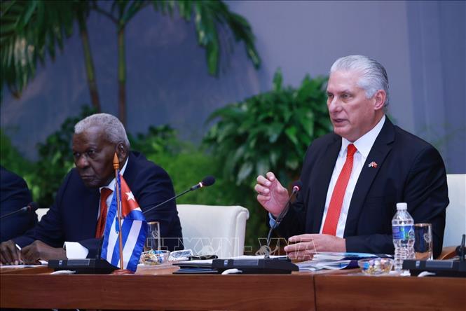 Bí thư thứ nhất Đảng Cộng sản Cuba, Chủ tịch Cuba Miguel Diaz Canel Bermudez phát biểu tại cuộc hội đàm với Tổng Bí thư, Chủ tịch nước Tô Lâm. Ảnh: Lâm Khánh/TTXVN
