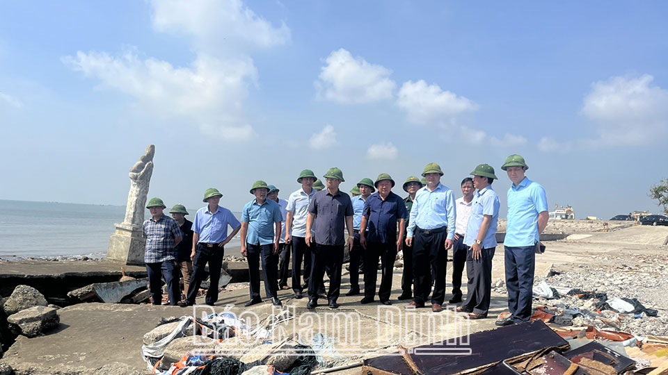 Đồng chí Trần Anh Dũng, Ủy viên Ban TVTU, Phó Chủ tịch Thường trực UBND tỉnh kiểm tra kè Hải Thịnh 3 (Hải Hậu). 