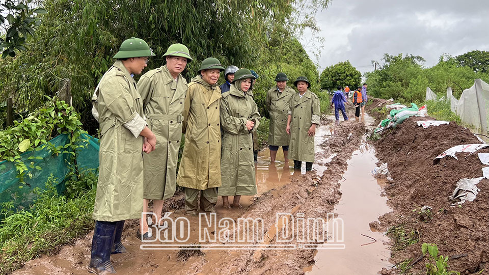 Đồng chí Phó Bí thư Thường trực Tỉnh ủy kiểm tra khắc phục sự cố tràn đê bối Phương Định