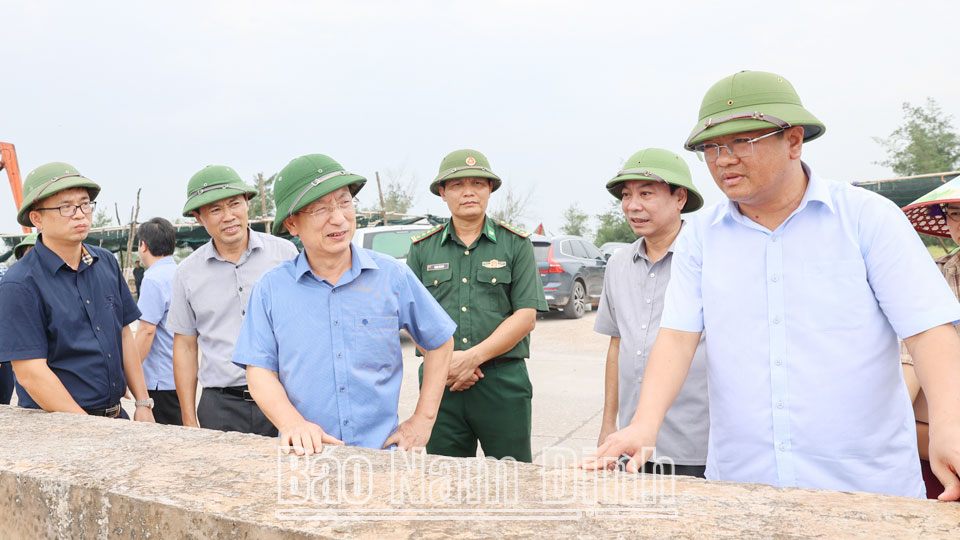 Đồng chí Chủ tịch UBND tỉnh Phạm Đình Nghị kiểm tra công tác phòng, chống cơn bão số 3 tại tuyến đê biển thị trấn Quất Lâm (Giao Thủy). DT3