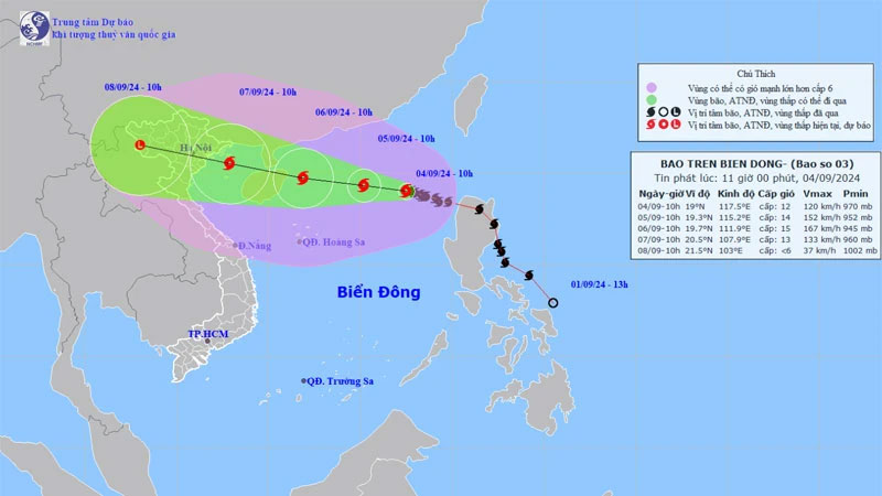 Vị trí và hướng di chuyển của bão số 3. (Nguồn: nchmf.gov.vn)