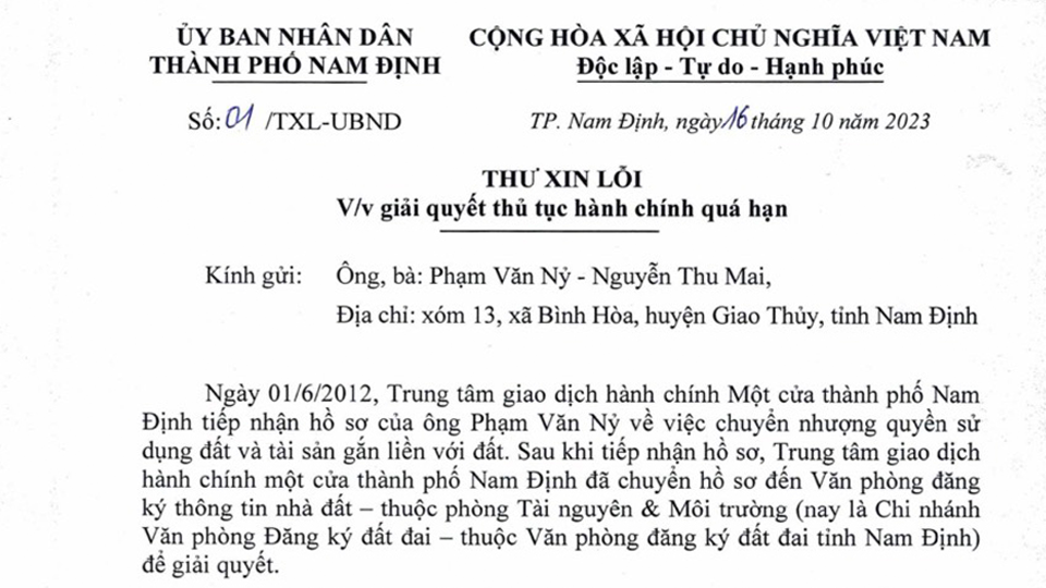 Lãnh đạo thành phố Nam Định xin lỗi người dân về việc giải quyết thủ tục hành chính quá hạn