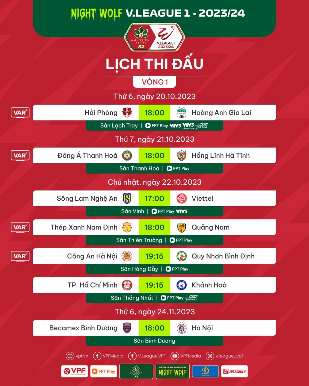 Lịch thi đấu vòng 1 V-League 2023/2024