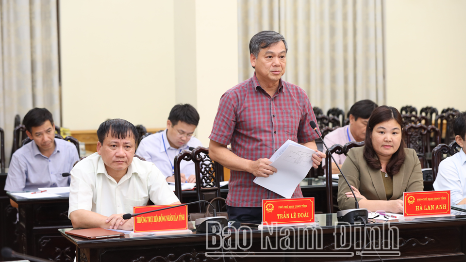 Đồng chí Trần Lê Đoài, TUV, Phó Chủ tịch UBND tỉnh phát biểu tại hội nghị. 