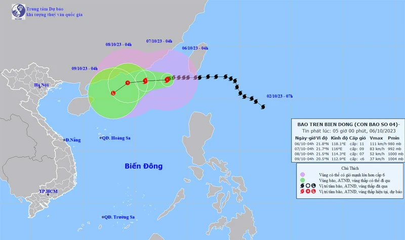 Vị trí và hướng di chuyển của bão số 4. 