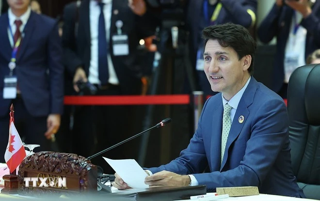 Thủ tướng Canada Justin Trudeau phát biểu tại Hội nghị Cấp cao đặc biệt ASEAN-Canada về Thúc đẩy Kết nối và Tự cường. (Ảnh: Dương Giang/TTXVN)

