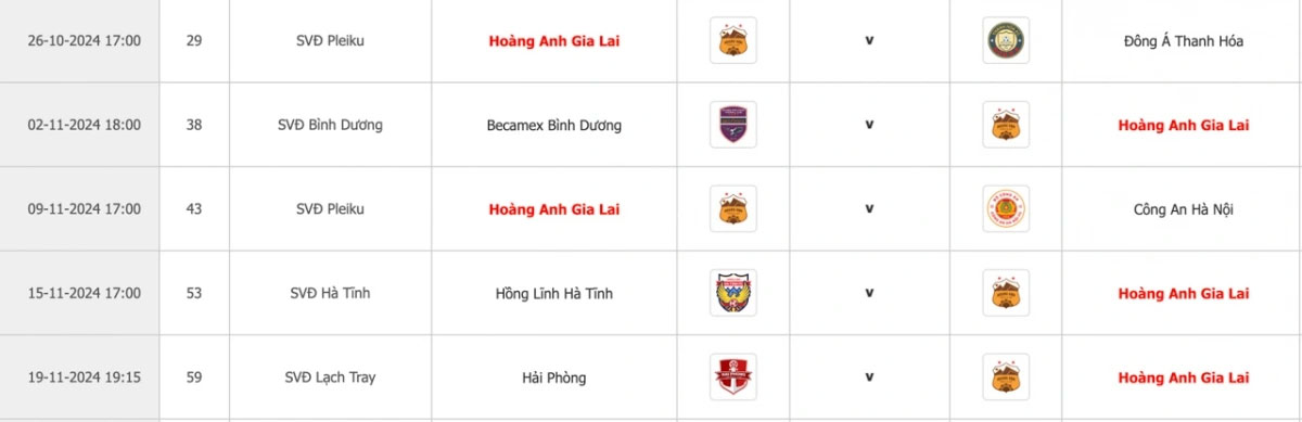 Lịch thi đấu HAGL tại V-League 2024/2025