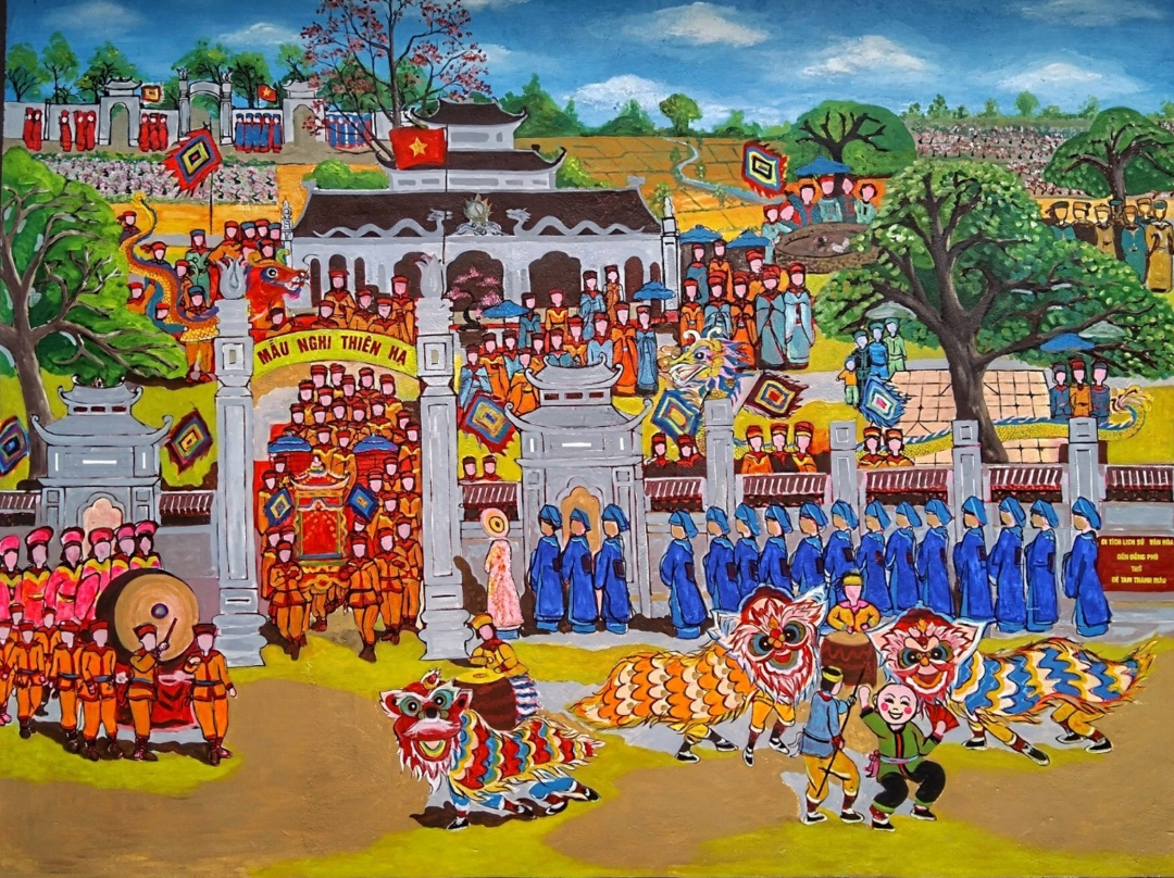 Tác phẩm của các họa sĩ tham gia Triển lãm “Non Côi Sông Vị” tại Bảo tàng Mỹ thuật Việt Nam năm 2023: Tác phẩm tranh sơn dầu “Hội làng” của họa sĩ Đặng Khắc Thiềm 