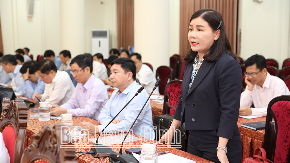 Đồng chí Nguyễn Thị Thu Thủy, TUV, Bí thư Huyện ủy Trực Ninh phát biểu tại hội nghị.