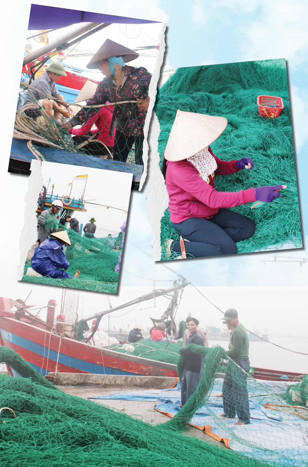 Người dân tu sửa lại ngư lưới cụ sau chuyến vươn khơi.