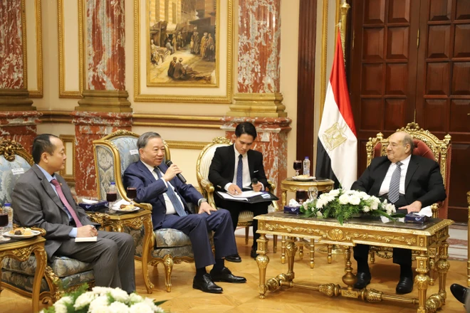 Bộ trưởng Bộ Công an Tô Lâm hội kiến Chủ tịch Thượng viện Ai Cập đồng thời là Chủ tịch Đảng Tương lai Quốc gia cầm quyền của Ai Cập Abdel-Wahab Abdel-Razek. (Ảnh: Nguyễn Trường/TTXVN)
            