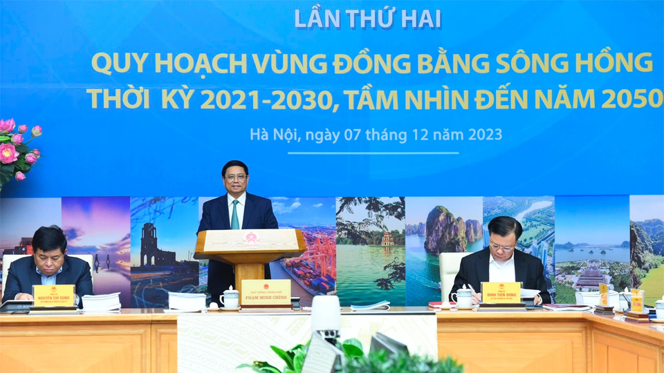 Thủ tướng Phạm Minh Chính, Chủ tịch Hội đồng điều phối vùng Đồng bằng sông Hồng chủ trì Hội nghị lần thứ hai với chủ đề về quy hoạch vùng thời kỳ 2021-2030, tầm nhìn đến năm 2050. Ảnh: VGP

