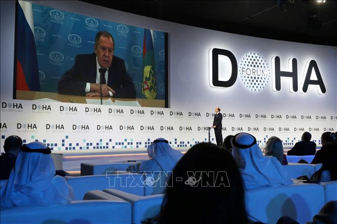 Ngoại trưởng Nga Sergei Lavrov phát biểu trực tuyến trong khuôn khổ Diễn đàn Doha. Ảnh: AFP/TTXVN
