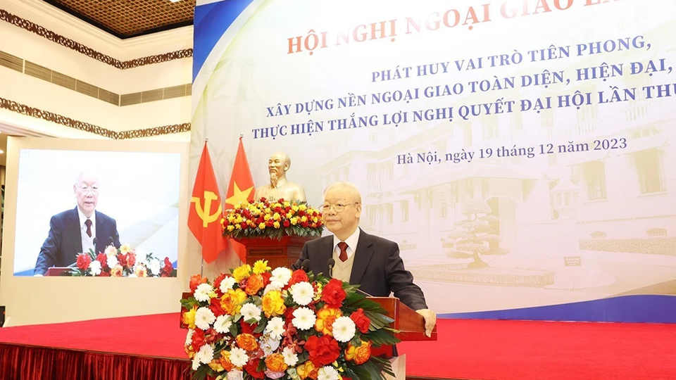 Tổng Bí thư Nguyễn Phú Trọng phát biểu chỉ đạo tại Hội nghị Ngoại giao lần thứ 32. Ảnh: Trí Dũng/TTXVN
