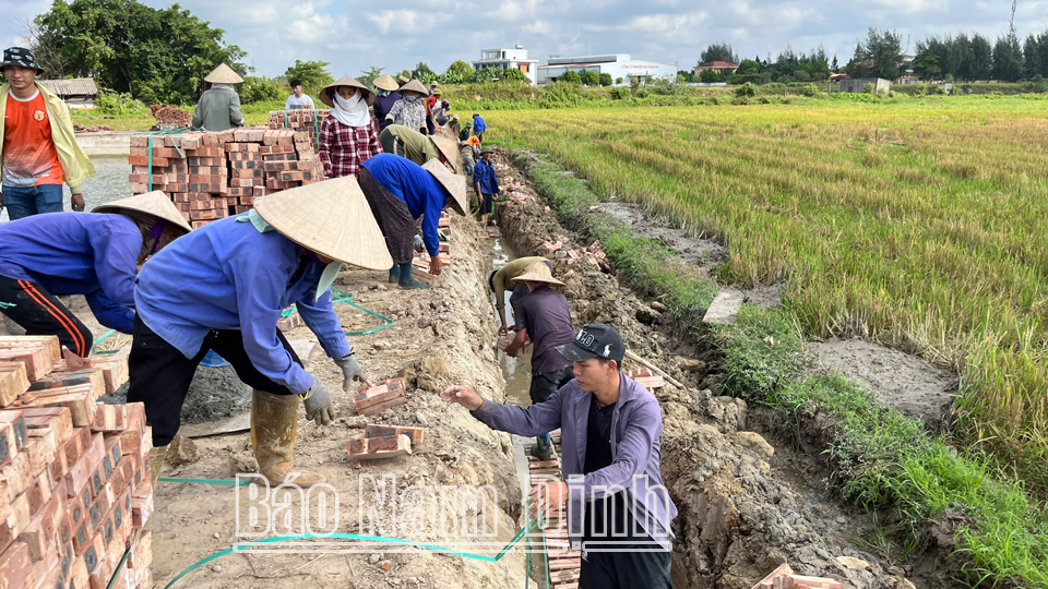 Nhân dân xã Liên Bảo (Vụ Bản) xây dựng hệ thống kênh tiêu nước phục sản xuất vụ xuân 2024.