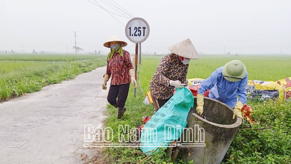 Nông dân xã Nam Hùng thu gom rác thải vệ sinh đồng ruộng.