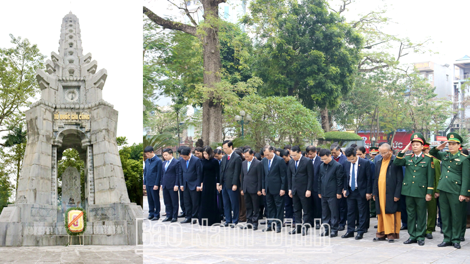 Các đồng chí lãnh đạo tỉnh và thành phố Nam Định dâng hương, đặt vòng hoa tưởng nhớ công lao các Anh hùng Liệt sĩ tại Đài tưởng niệm các Anh hùng Liệt sĩ tỉnh.