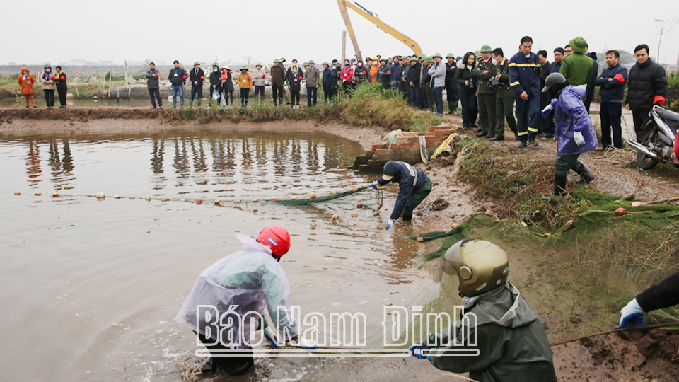 Lực lượng chức năng của huyện Nghĩa Hưng thu bắt và định giá bán con nuôi thủy sản tại vị trí đất vi phạm của ông Trần Văn Huynh.