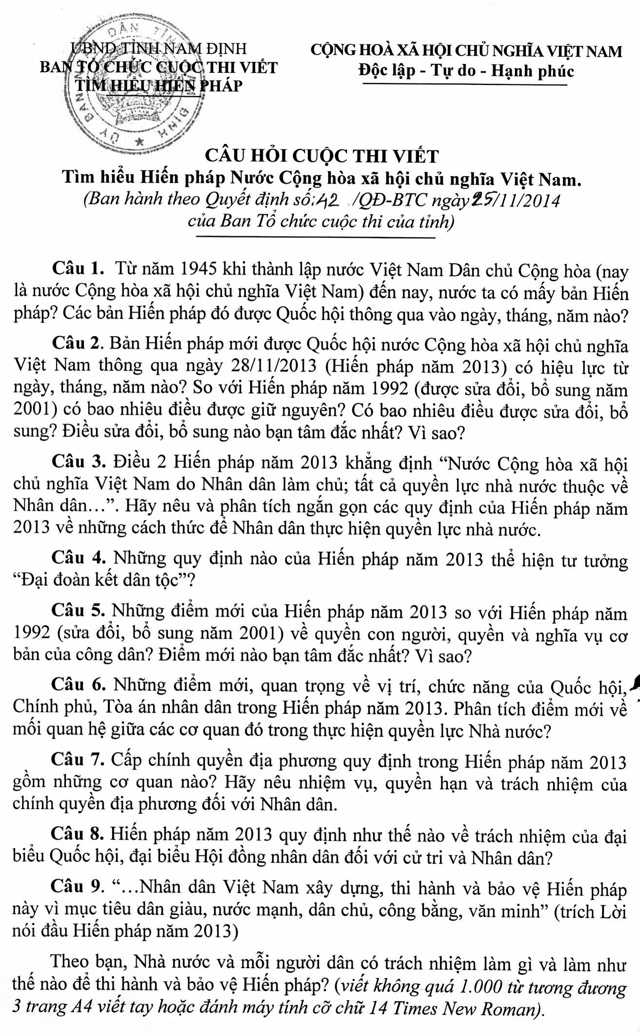 Câu hỏi cuộc thi viết Tìm hiểu Hiến pháp Nước Cộng hoà xã hội chủ nghĩa Việt Nam