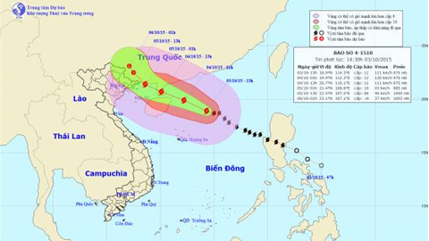 Bão số 4 giật cấp 13-14, cách quần đảo Hoảng Sa khoảng 330km về phía Đông Bắc