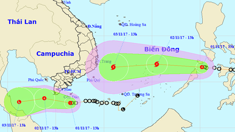 Tin áp thấp nhiệt đới gần bờ và áp thấp nhiệt đới gần Biển Đông (Hồi 13 giờ ngày 1-11)