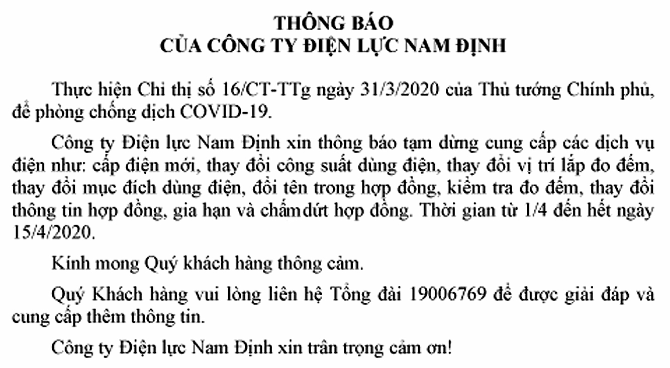 Thông báo của Công ty Điện lực Nam Định